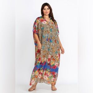 Johnny Was Bella Lace Up Floral & Leopard Print Kaftan Maxi Dress - Multicolor